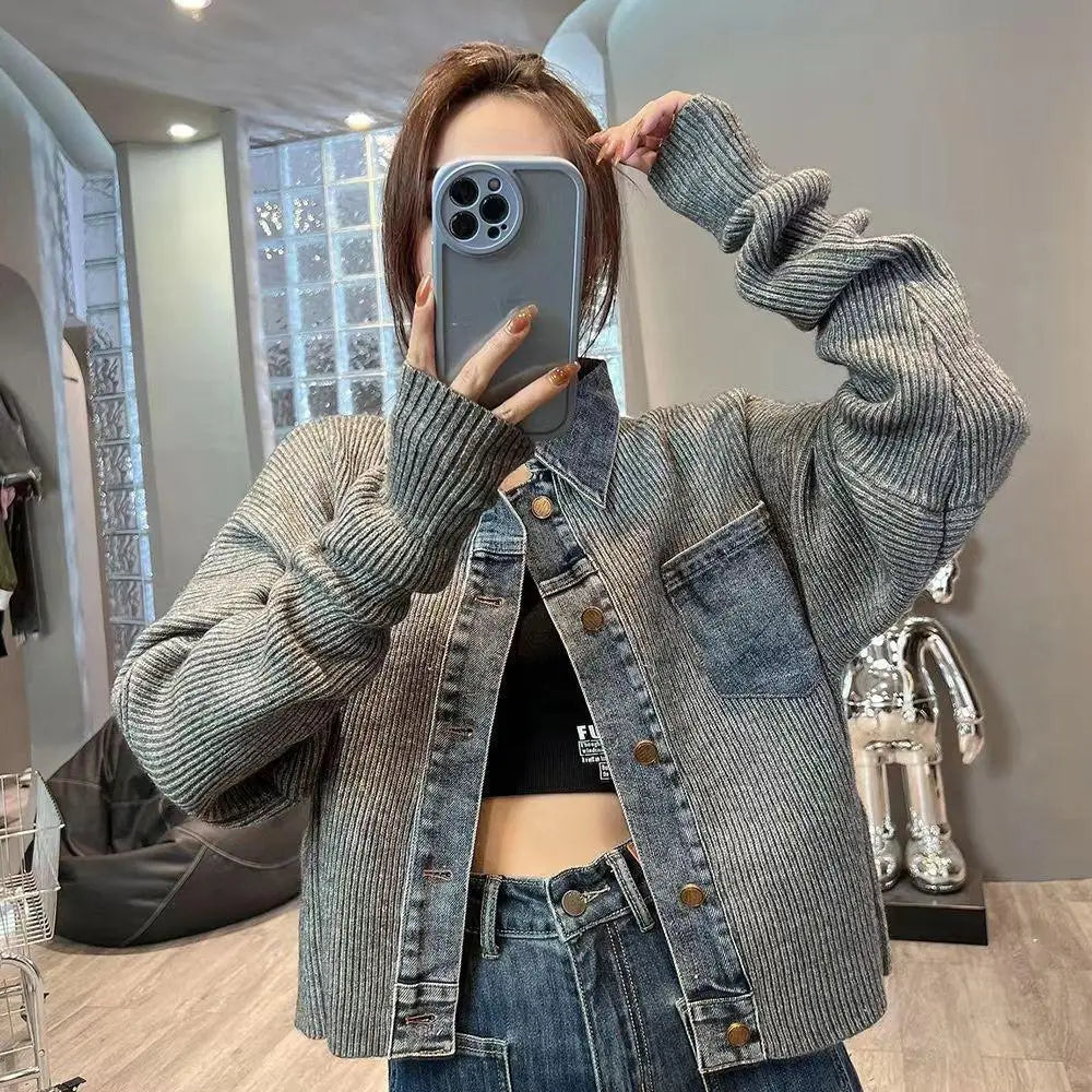 GETADME Vintage Denim Patchwork Loose Fashion Crop Knitted Cardigan Top For Women's Autumn New Vintage Denim Stitching Sweater