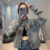 GETADME Vintage Denim Patchwork Loose Fashion Crop Knitted Cardigan Top For Women's Autumn New Vintage Denim Stitching Sweater
