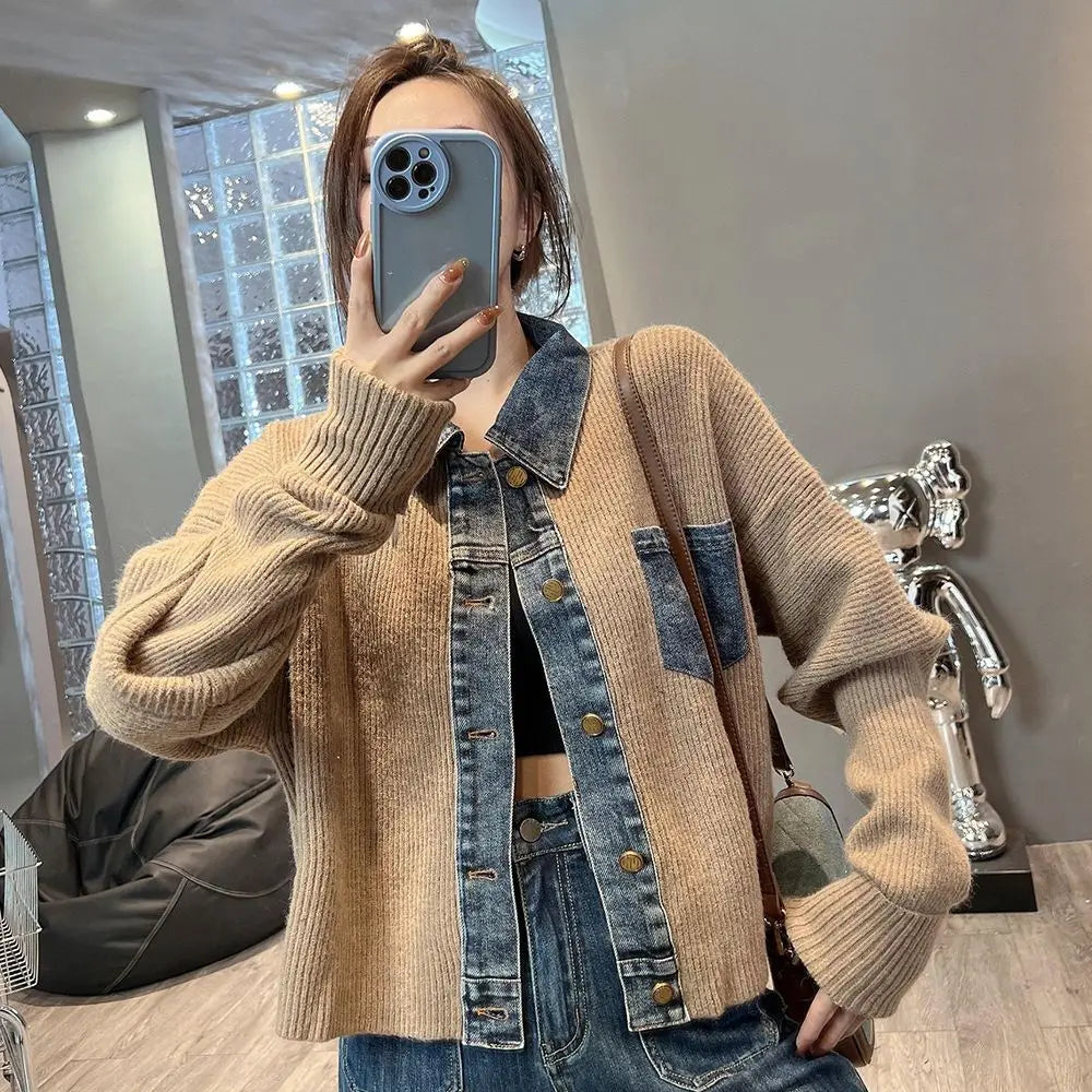 GETADME Vintage Denim Patchwork Loose Fashion Crop Knitted Cardigan Top For Women's Autumn New Vintage Denim Stitching Sweater