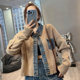 GETADME Vintage Denim Patchwork Loose Fashion Crop Knitted Cardigan Top For Women's Autumn New Vintage Denim Stitching Sweater