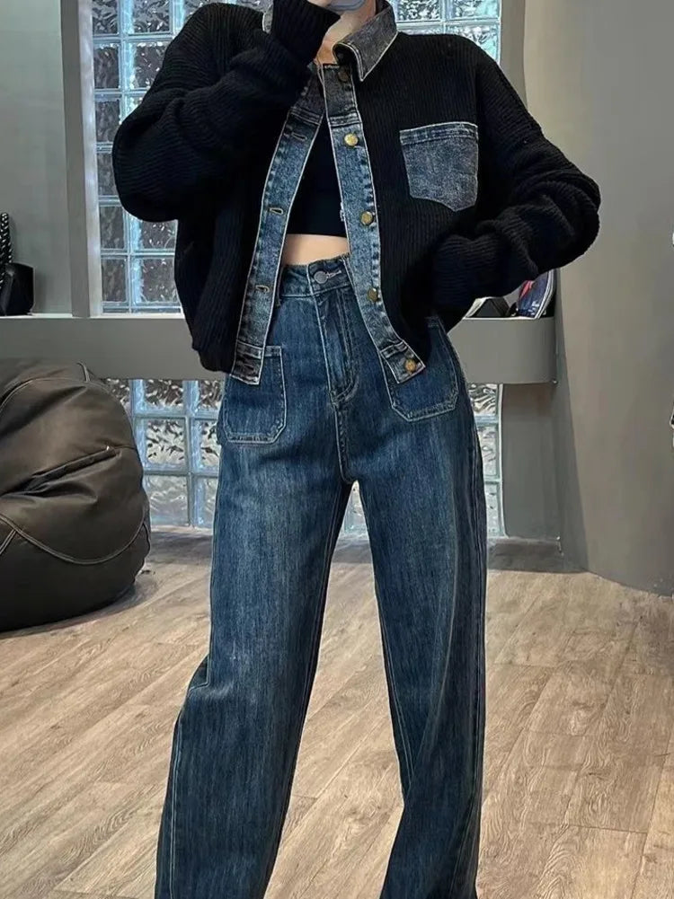 GETADME Vintage Denim Patchwork Loose Fashion Crop Knitted Cardigan Top For Women's Autumn New Vintage Denim Stitching Sweater