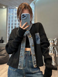 GETADME Vintage Denim Patchwork Loose Fashion Crop Knitted Cardigan Top For Women's Autumn New Vintage Denim Stitching Sweater