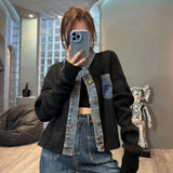 GETADME Vintage Denim Patchwork Loose Fashion Crop Knitted Cardigan Top For Women's Autumn New Vintage Denim Stitching Sweater