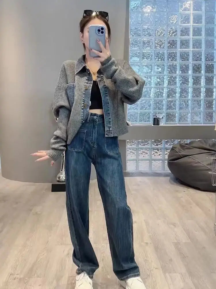 GETADME Vintage Denim Patchwork Loose Fashion Crop Knitted Cardigan Top For Women's Autumn New Vintage Denim Stitching Sweater