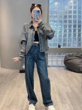 GETADME Vintage Denim Patchwork Loose Fashion Crop Knitted Cardigan Top For Women's Autumn New Vintage Denim Stitching Sweater