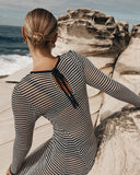 GETADME Vintage Fashion Black and White Striped Maxi Dress Elegant Long Sleeve Tie Back Dresses Beachwear Holiday Autumn Sexy Dress