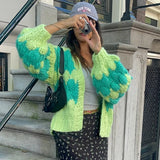 GETADME Vintage Lantern Sleeves Knitted Sweater Stripe Pattern Cropped Cardigans Aesthetic Y2k Knitwear Coat Women Autumn Outwear