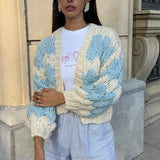 GETADME Vintage Lantern Sleeves Knitted Sweater Stripe Pattern Cropped Cardigans Aesthetic Y2k Knitwear Coat Women Autumn Outwear