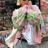 GETADME Vintage Lantern Sleeves Knitted Sweater Stripe Pattern Cropped Cardigans Aesthetic Y2k Knitwear Coat Women Autumn Outwear