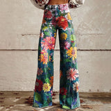 GETADME Vintage Loose Fit Casual Wide Leg Imitation Jeans Fashion High Waisted Pocket Pants Tall Women 90s Floral Printed Baggy Trousers