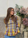 GETADME Vintage Plaid Print Puff Hem Shirt For Women Fashion Long Flare Sleeve Round Neck Short Tops Spring High Waist Slim Streetwear