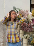 GETADME Vintage Plaid Print Puff Hem Shirt For Women Fashion Long Flare Sleeve Round Neck Short Tops Spring High Waist Slim Streetwear