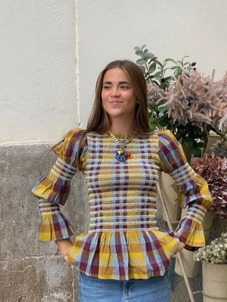 GETADME Vintage Plaid Print Puff Hem Shirt For Women Fashion Long Flare Sleeve Round Neck Short Tops Spring High Waist Slim Streetwear
