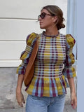 GETADME Vintage Plaid Print Puff Hem Shirt For Women Fashion Long Flare Sleeve Round Neck Short Tops Spring High Waist Slim Streetwear