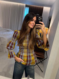 GETADME Vintage Plaid Print Puff Hem Shirt For Women Fashion Long Flare Sleeve Round Neck Short Tops Spring High Waist Slim Streetwear