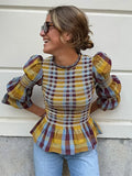 GETADME Vintage Plaid Print Puff Hem Shirt For Women Fashion Long Flare Sleeve Round Neck Short Tops Spring High Waist Slim Streetwear