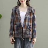 GETADME Vintage Printed Spliced Shirring Pockets Hooded Plaid Shirt Women's Clothing 2024 Spring Autumn New Casual Tops Korean Blouse