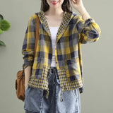 GETADME Vintage Printed Spliced Shirring Pockets Hooded Plaid Shirt Women's Clothing 2024 Spring Autumn New Casual Tops Korean Blouse