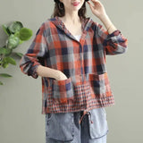 GETADME Vintage Printed Spliced Shirring Pockets Hooded Plaid Shirt Women's Clothing 2024 Spring Autumn New Casual Tops Korean Blouse