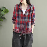 GETADME Vintage Printed Spliced Shirring Pockets Hooded Plaid Shirt Women's Clothing 2024 Spring Autumn New Casual Tops Korean Blouse