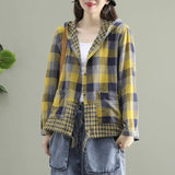 GETADME Vintage Printed Spliced Shirring Pockets Hooded Plaid Shirt Women's Clothing 2024 Spring Autumn New Casual Tops Korean Blouse