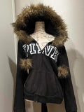 GETADME Vintage Street Fur Collar Black Zipper Harajuku Jacket for men Loose Casual Sweatshirt Coats Thickened Windproof Coat Men women