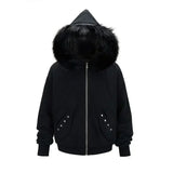 GETADME Vintage Street Fur Collar Black Zipper Harajuku Jacket for men Loose Casual Sweatshirt Coats Thickened Windproof Coat Men women
