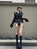 GETADME Vintage V-neck Black Shirts Women Spring Autumn  New Slim Waist Ruffles Blouses Y2k Grunge Long Sleeve Blusas Mujer
