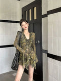 GETADME Vintage V-neck Lace Up Ruffles Shirts Women Early Autumn New Mesh Blusas Mujer Y2k E-Girl Long Sleeve Slim Waist Blouses