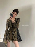 GETADME Vintage V-neck Lace Up Ruffles Shirts Women Early Autumn New Mesh Blusas Mujer Y2k E-Girl Long Sleeve Slim Waist Blouses