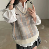 GETADME Vintage V-neck Plaid Sweater Vest Women Autumn Winter Vintage Knit Sweaters Pullover Loose Korean Knitwear Tops Pull Femme 23875