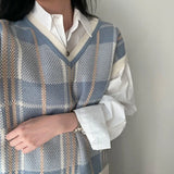 GETADME Vintage V-neck Plaid Sweater Vest Women Autumn Winter Vintage Knit Sweaters Pullover Loose Korean Knitwear Tops Pull Femme 23875