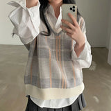 GETADME Vintage V-neck Plaid Sweater Vest Women Autumn Winter Vintage Knit Sweaters Pullover Loose Korean Knitwear Tops Pull Femme 23875
