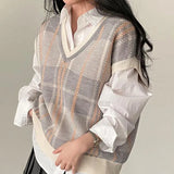 GETADME Vintage V-neck Plaid Sweater Vest Women Autumn Winter Vintage Knit Sweaters Pullover Loose Korean Knitwear Tops Pull Femme 23875
