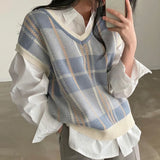 GETADME Vintage V-neck Plaid Sweater Vest Women Autumn Winter Vintage Knit Sweaters Pullover Loose Korean Knitwear Tops Pull Femme 23875