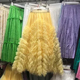 GETADME 여성 부아 스커트 Y2K 하이웨이스트 엘라스틱 주프 레이디스 튤 케이크 무제 팔다 러플 롱 여성 캐주얼 메시 스커트 드롭십