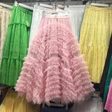 GETADME 여성 부아 스커트 Y2K 하이웨이스트 엘라스틱 주프 레이디스 튤 케이크 무제 팔다 러플 롱 여성 캐주얼 메시 스커트 드롭십