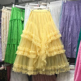 GETADME 여성 부아 스커트 Y2K 하이웨이스트 엘라스틱 주프 레이디스 튤 케이크 무제 팔다 러플 롱 여성 캐주얼 메시 스커트 드롭십