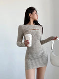 GETADME WOMENGAGA Chest Zipper Knitted Dress Elegant Women's 2025 Spring Slim Long Sleeve Wrapped Hip Mini Dress Sweater Tops 2025 D0DO