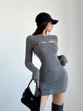 GETADME WOMENGAGA Chest Zipper Knitted Dress Elegant Women's 2025 Spring Slim Long Sleeve Wrapped Hip Mini Dress Sweater Tops 2025 D0DO