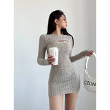 GETADME WOMENGAGA Chest Zipper Knitted Dress Elegant Women's 2025 Spring Slim Long Sleeve Wrapped Hip Mini Dress Sweater Tops 2025 D0DO