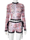 GETADME Weird Puss See Through Women 2 Piece Set Sexy Black-Edged Lace Sexy Full Sleeve Crop Tops+Shorts Matching Club Stretch Outfits