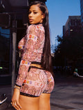 GETADME Weird Puss See Through Women 2 Piece Set Sexy Black-Edged Lace Sexy Full Sleeve Crop Tops+Shorts Matching Club Stretch Outfits