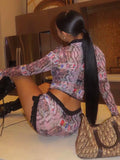 GETADME Weird Puss See Through Women 2 Piece Set Sexy Black-Edged Lace Sexy Full Sleeve Crop Tops+Shorts Matching Club Stretch Outfits