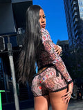 GETADME Weird Puss See Through Women 2 Piece Set Sexy Black-Edged Lace Sexy Full Sleeve Crop Tops+Shorts Matching Club Stretch Outfits