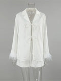 GETADME White Feather Satin Cardigan Top + Shorts Set Women Pajamas Long Sleeve Jakcets Shorts Female Outfits Fashion Sexy Homewear Suit