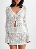 GETADME White Hollow Out Knit Skirts Sets for Women Bohemian Holidays Two Piece Sets Sexy Long Sleeve Cardigan Mini Skirts Suits 2025
