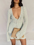 GETADME White Hollow Out Knit Skirts Sets for Women Bohemian Holidays Two Piece Sets Sexy Long Sleeve Cardigan Mini Skirts Suits 2025