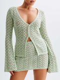 GETADME White Hollow Out Knit Skirts Sets for Women Bohemian Holidays Two Piece Sets Sexy Long Sleeve Cardigan Mini Skirts Suits 2025
