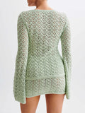 GETADME White Hollow Out Knit Skirts Sets for Women Bohemian Holidays Two Piece Sets Sexy Long Sleeve Cardigan Mini Skirts Suits 2025